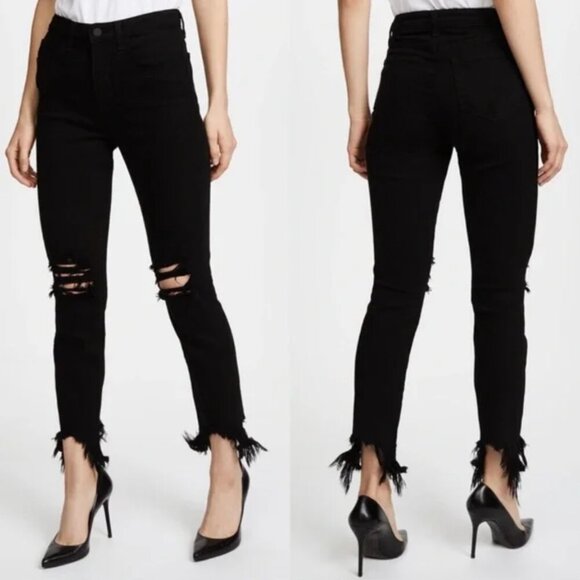 L'AGENCE Saturated Black High Rise Skinny Crop Destruct Jeans Emo Rocker sz 26 - Picture 1 of 11